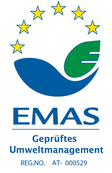 EMAS-Logo mit der Registrierungs-Nummer der ebswien kläranlage & tierservice Ges.m.b.H. (AT- 000529).